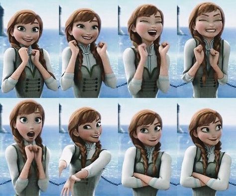 it reminds me of all the weird faces i make when i talk lol Frozen Anna Funny Face Expressions, Wanna Build A Snowman, Frozen 3, Princess Anna, Build A Snowman, Disney Costumes, Disney Dresses, Character Poses, Face Expressions