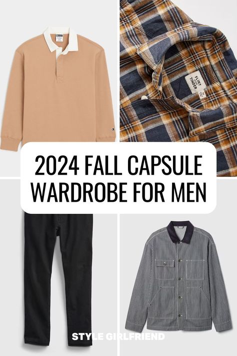 quadrant of men's fall fashion including a rugby shirt, plaid shirt, black jeans, and railroad stripe chore jacket. text on-screen reads: 2024 fall capsule wardrobe for men (style girlfriend) Men’s Capsule Wardrobe Fall 2024, Mens Fall Capsule Wardrobe 2024, Mens Fall Capsule Wardrobe, Mens Capsule Wardrobe, Travel Capsule Wardrobe Fall, Capsule Wardrobe For Men, Men's Fall Fashion, Men Fall Outfits, Capsule Wardrobe Men