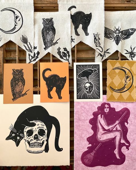 🍂 The Equinox Drop is live! 🌜The first day of autumn is upon us, and I’m proud to present this collection of prints and textiles for the new season. Swipe through to see what’s new! Night Shift garlands, hand-printed canvas pouches and prints, prints, prints. Vultures, black cats, owls, moons, witches, skulls and some cowboy boots for good measure. Fall Lino Print, Autumn Lino Print, Spooky Lino Print, Skeleton Lino Print, Skull Block Print, First Day Of Autumn, Relief Print, Linocut Art, Canvas Pouch