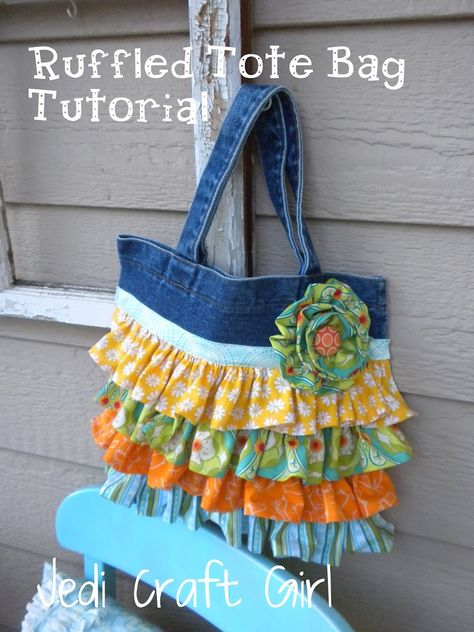 I am linking this post up to Family Ever After’s “Pinspired…Rewired” Link Party.  I had seen ruffled tote bags all over on Pinterest.  Here is the bag that was my … Ruffles Bag, Sac Tote Bag, Jean Purses, Tote Bag Tutorial, Sewing Purses, Denim Crafts, Bag Sewing, Bags And Totes, Denim Tote