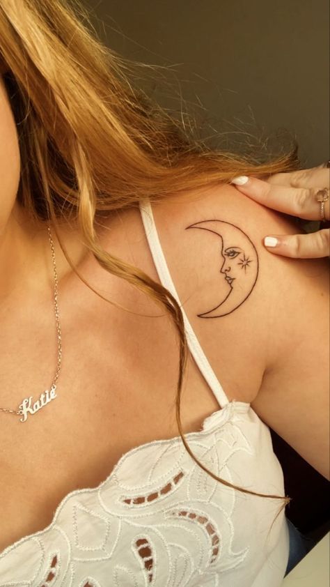 Storms Fleetwood Mac Tattoo, Big Tattoos For Women Arm, Moon Woman Tattoo, Vintage Moon Tattoo, Moon Tattoo Shoulder, Celestial Moon Tattoo, Moon Tattoo Minimalist, Traditional Moon Tattoo, Practical Magic Tattoo