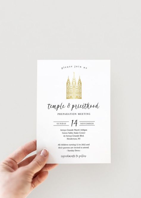 Planning your ward's upcoming temple and priesthood preview? Add a special touch with this editable invitation! Customizing is easily done online so that you don't have to download any software. Once you finish editing, just download your files and send them off to your favorite local printer! It's the perfect way to add something special to your LDS temple and priesthood preview meeting to really make this event feel special and unique. Temple And Priesthood Preview, Lds Priesthood, Priesthood Preview, Lds Baptism Program, Baptism Program, Lds Baptism, Lds Temple, Lds Temples, Halloween Party Invitations