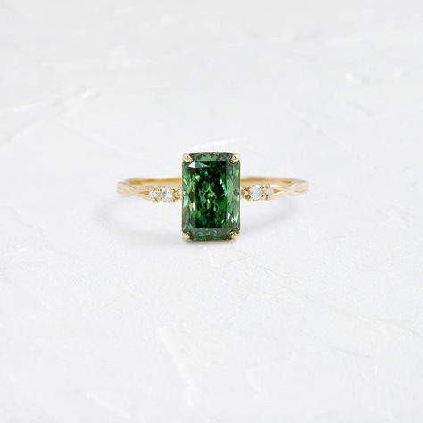 This vintage-inspired twisted ring features floral details and a radiant diamond. Ring Inspo, Basket Setting, Velvet Ring Box, Twisted Band, Radiant Diamond, Band Jewelry, Green Diamond, Mens Band, Radiant Cut