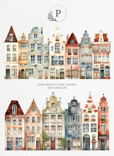 Dutch Canal Houses, Amsterdam Houses Drawing, Amsterdam Netherlands Aesthetic, Watercolor Amsterdam, Amsterdam Watercolor, Dreamy Architecture, Amsterdam Wallpaper, Dutch Paintings, Dutch Houses