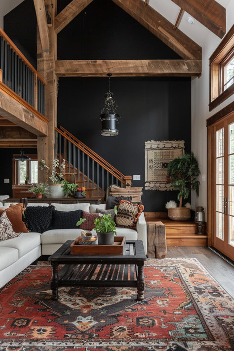 Rustic farmhouse with a black accent wall and wooden beams Dark Stained Shiplap Wall, Rustic Interior Living Room, Black Walls With Wood Accent, Western Gothic Living Room, Dark Farmhouse Living Room, Black White Wood Interior, Dark Rustic Living Room, Black And Wood Interior Design, Black And Wood Living Room