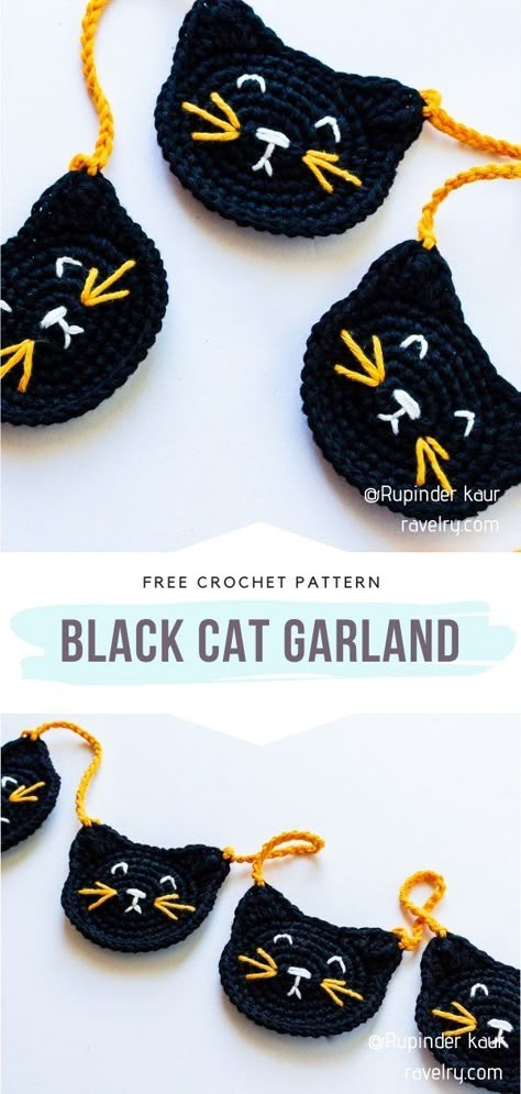 Black Cat Garland Free Crochet Pattern Meow, meow! Aren't these little cuties absolutely adorable? #halloweencrochet #crochetgarland #crochetwitch #crochetcat #freecrochetpattern Crochet Fall Decorations Free Pattern, Crochet Bunting Pattern, Cat Garland, Kat Haken, Crochet Kitty, Scrap Crochet, Bunting Pattern, Crochet Bunting, Crochet Garland