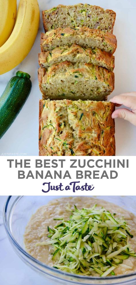 This zucchini banana bread recipe will quickly become your favorite summer snack! Shredded zucchini is folded into a tried and true buttermilk banana bread recipe. The result is a perfectly golden brown and super moist loaf. #justatasterecipes Pudding Banana Bread, Bread Recipe Healthy, Recipes Banana Bread, Zucchini Banana Bread Recipes, Cake Banana Bread, Buttermilk Banana Bread, Zucchini Recipes Dessert, Best Zucchini Bread, Banana Bread Cake