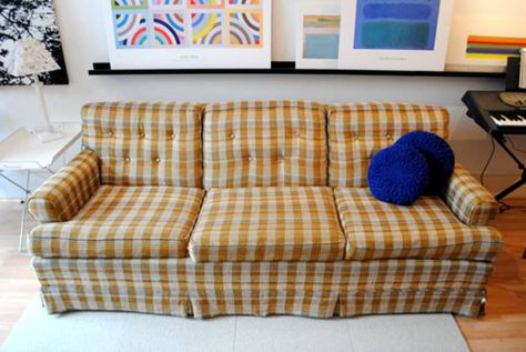 Plaid Couch, Plaid Sofa, Condo Living Room, Vintage Couch, Square Sofa, Proud Parents, Josh Groban, Old Sofa, Stylish Apartment