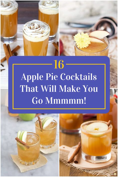 Collage of 4 apple pie cocktails. Apple Cocktails Recipes, Fall Apple Cocktail Recipes, Hot Apple Pie Cocktail, Apple Pie Vodka Drinks, Apple Pie Mimosa, Apple Pie Alcohol Drink, Dr Mcgillicuddy Apple Pie Drinks, Apple Cinnamon Cocktail, Apple Pie Cocktail Recipes