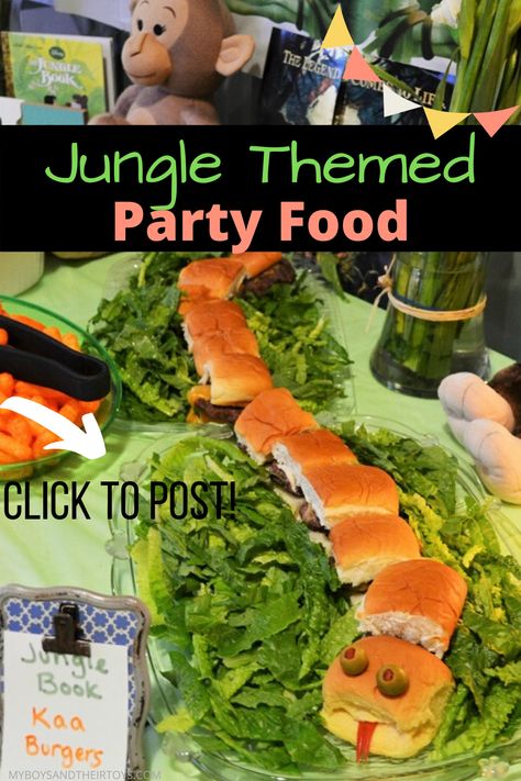 Jungle Book Movie Night Food, Jungle Theme Party Food Ideas, Snake Party Food Ideas, Jungle Snack Ideas, Zoo Theme Party Food, Jungle Party Foods, Rainforest Party Food, Jungle Themed Charcuterie Board, Jungle Journey Vbs Snacks