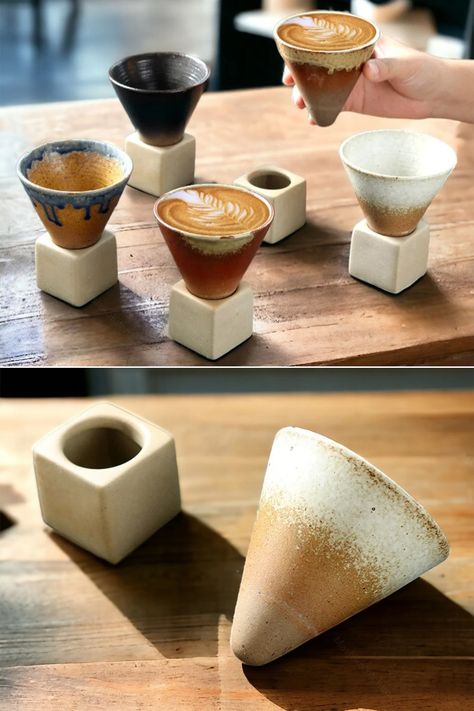 Handmade ceramic cone-shaped drinking vessels with a matching stand that holds it upright when you set it down or put it on display afterwards. Cool Pottery Ideas, Cup Display, Interior Room Decoration, Ceramic Workshop, Drinking Vessels, Hand Built Pottery, Thrown Pottery, Ceramic Set, My Cup Of Tea