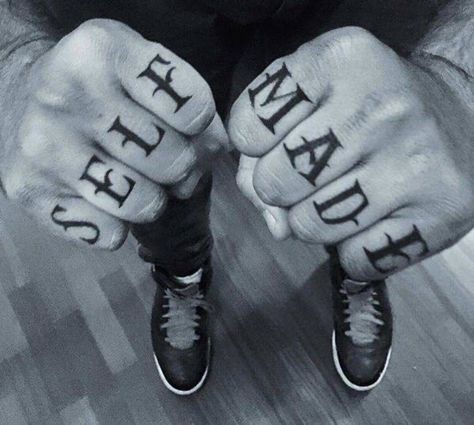 Self Made Knuckle Tattoo, Finger Font Tattoo, Knuckle Tattoo Fonts, Tattoo Stitches, Finger Letter Tattoos, Hardcore Tattoo, Colorado Vibes, Knuckles Tattoo, Self Made Tattoo