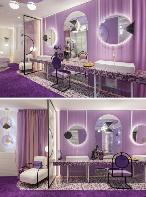 Room Divider Ideas - Delicate glass and metal lattices separate the bedroom from the bathroom in this modern hotel suite. #RoomDivider #Partition #Purple #PurpleInterior Purple Salon Aesthetic, Purple Hair Salon Decor Ideas, Purple Hotel Room, Purple Salon Decor Ideas, Small Glam Living Room, Small Salon Ideas, Boutique Hotel Suite, Purple Salon, Hotel Room Aesthetic