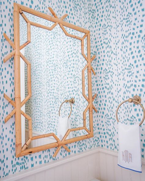 MADRE Dallas on Instagram: “Wallpaper Wednesday . . . . . . #monograms #powderbath #timelessdesign #southernstyle #beachdesign #bamboo #interiordesigner…” Madre Dallas, Blue Powder Room, Pink Flamingo Wallpaper, Room Wallpaper Designs, Powder Room Wallpaper, Wallpaper Bathroom, Powder Room Makeover, House Bathrooms, Bamboo Mirror