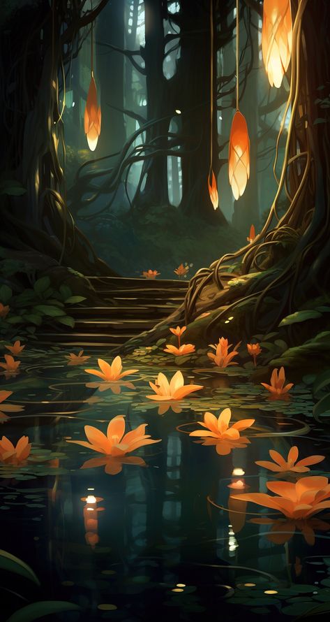 Seerosen, Wald, Fluss, digital von ARTelierDigital auf Etsy Swamp Digital Art, Lofi Witch, River Illustration, Whimsical Witch, Forest Mural, Rock Flowers, Dream Images, Forest Background, Fantasy Art Landscapes