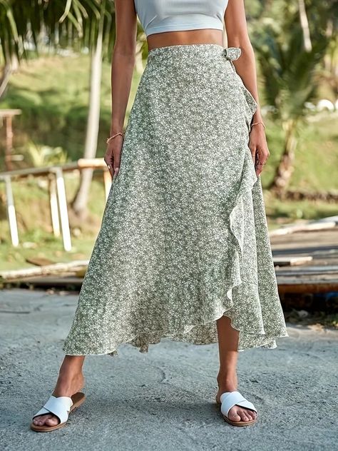 Rok Midi, Ruffle Wrap Skirt, Loose Tie, Crochet Skirt Pattern, Bride Lingerie, Floral Print Midi Skirt, Ruffle Hem Skirt, Lemon Chiffon, Tie Skirt