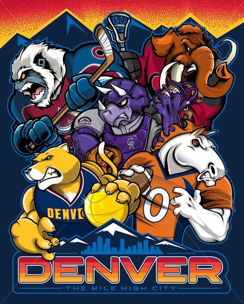 The 3rd city art was Denver with a Yeti, a mammoth, a purple triceratops, a mountain lion & a bronco which means mascots for the Avalanche, the Mammoth, the Rockies, the Nuggets & the Broncos. Denver Nuggets Mascot, Denver Broncos Art, Sports Ideas, Drawings Tutorials, Sport Branding, Mile High City, Denver Art, Mlb Logos, The Rockies