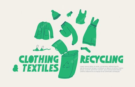 Premium Vector | Clothing recycling a poster calling for the recycling of clothing footwear and textiles vector trend flat illustration Upcycle Illustration, Thrifting Illustration, Recycle Clothes Upcycling, Thrift Clothes Logo, Recycle Graphic Design, Thrift Poster, Illustration Sustainability, Recycling Graphic, Thrift Design