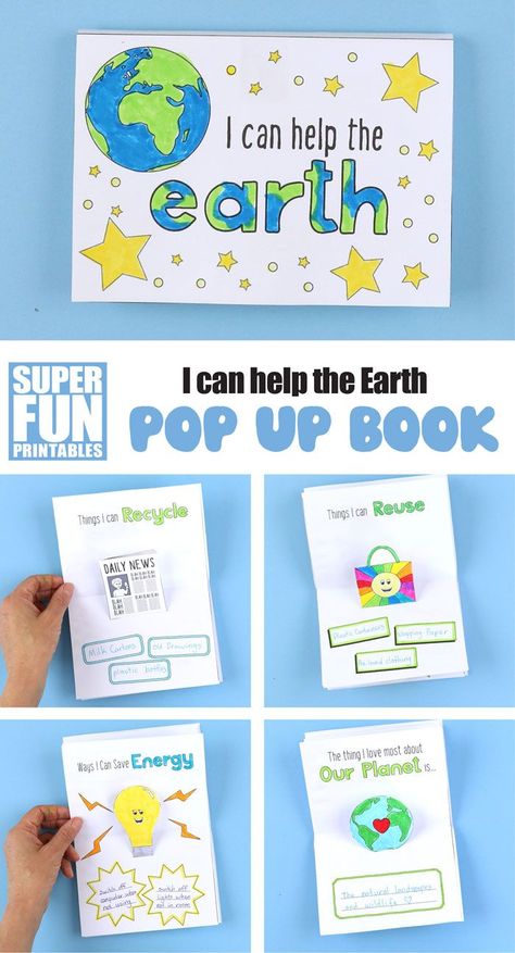 Earth Day craft idea for kids – make an I can help the Earth pop up book using this printable template. Kids can reinforce how to recycle, reuse, save energy and save water on a personal level so they can help our planet. Little people can make a big difference!  #earthday #earthprintable #kidsactivity #printablecrafts #papercraft #popupbook #diypopup #kidscrafts #funkidscrafts #superfunprintables #thecrafttrain #kidsprintables Save Water Activities For Kids, I Can Help The Earth, Earth Friendly Crafts, Planets Activities, Kids Gratitude Journal, Earth Day Craft, Help The Earth, Earth Activities, Earth Craft