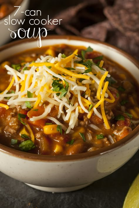 This Slow Cooker 7 Can Soup is the truly the easiest slowcooker recipe you will ever make. Brown the beef, open the cans, dump in the crock-pot, and wait! Add this to your soup recipes! Can Soup Recipe, 7 Can Soup, Can Soup, Soup Recipes Slow Cooker, Crock Pot Soup, Crockpot Cooking, Slow Cooker Meals, Crock Pot Slow Cooker, Crockpot Recipes Slow Cooker