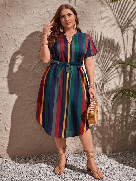 SHEIN Clasi Plus Striped Print Notched Neckline Curved Hem Dress With Belt | SHEIN USA Dresses With Belts Casual, Plus Size Summer Outfits Big Stomach, Plus Size Summer Fashion, Classy Short Dresses, Fancy Short Dresses, Striped Print Dresses, Long Summer Dress, Casual Dresses Plus Size, Sukienki Plus Size