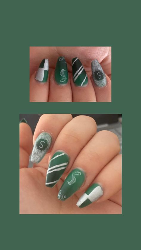 #slitherin #serpentard #draco #malfoy #harry #potter #potterhead #nailart #nails Draco Malfoy Inspired Nails, Draco Nails, Slitherin Nails, Draco Malfoy Nails, Slytherin Nails Acrylic, Slytherin Inspired Nails, Slytherin Nail Art, Draco Malfoy Costume, Hogwarts Nails