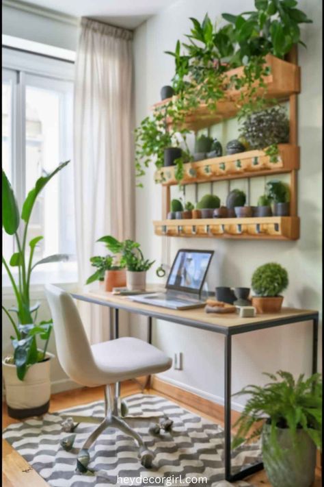 21+ Best Small Home Office Setup Ideas [Design ideas] Plant Filled Home Office, Tranquil Office Space, Small Home Office Setup, Tranquil Office, Plants For Office, Home Office Setup Ideas, Wall Mounted Planters, Foldable Desk, Small Home Offices