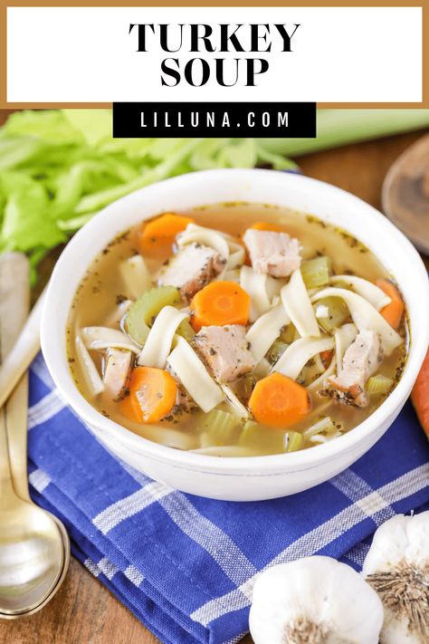 Homemade Turkey Soup is one of the easiest, yummiest recipes. It tastes like home and is the epitome of comfort food. #turkeysoup #turkey #soup #dinnerrecipes #maindish Turkey Soup Recipes Homemade, Soup Recipes Homemade, Healthy Delicious Soups, Turkey Soup Recipes, Homemade Turkey Soup, Turkey Soup Recipe, Lil Luna, Vegetable Beef Soup, Turkey Soup