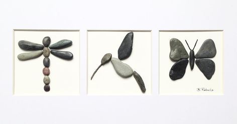 3 in 1 - some customer favorites! #pebbles #pebbleart #beach #stones #dragonfly #hummingbird #butterfly #art🎨 #homedecor #bird #insects #treetoseaartbybecky Painting Dragon, Beach Stones Jewelry, Sea Glass Art Projects, Kandinsky Art, Stone Wall Art, Butterfly Art Painting, Dragon Flies, Stick Art, Sea Crafts