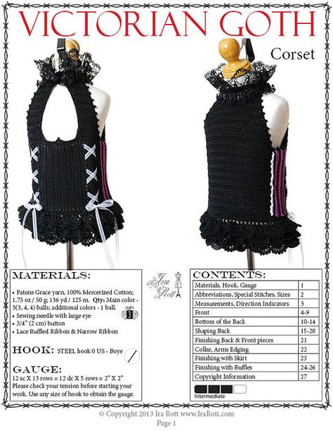 Goth Crochet Top Pattern, Crochet Victorian Pattern, Goth Crochet Top, Crochet Clothing Patterns, Corset Top Crochet, Style Corset Top, Goth Crochet, Goth Dresses, Victorian Crochet