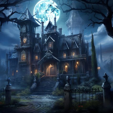 Haunted mansion on a moonlit night. The mansion should have eerie, glowing windows and be surrounded by a creepy forest. A full moon should be visible in the sky, casting an eerie glow on the scene. There should be a hint of mist in the air, and a group of friendly ghosts should be floating near the mansion, The overall atmosphere should be spooky yet whimsical#halloween Halloween Mansion, Spooky Mansion, Creepy Forest, Flyer Background, Big Mansions, Gothic Mansion, Mansion Exterior, Witch Core, Ghost House