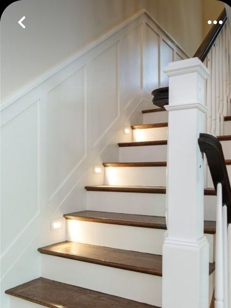 Stairway Box Molding, Wanescotting Staircase, Wainscoting Up Stairs, Hall Wainscoting, Molding Stairs, Enclosed Staircase Ideas, Staircases Ideas, Staircase In Living Room, Stair Moulding