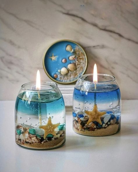 Gel Candle Diy, Beach Theme Candles, Candle Making Recipes, Sea Candles, Handmade Candles Diy, Fancy Candles, Diy Candles Homemade, Homemade Scented Candles, Gel Candles