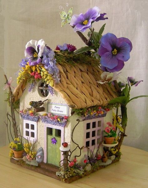 Fairy House Crafts, Clay Fairy House, Vermont Usa, Fairy House Diy, Fairy Garden Designs, Fairy Garden Crafts, Pansy Flower, Decorative Bird Houses, Purple Pansy