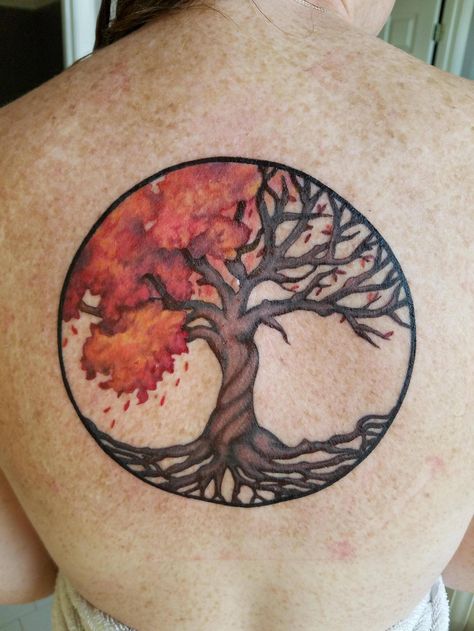 Celtic Autumn Tree of Life by Erika ABT in McDonough GA Fall Tree Tattoos For Women, Fall Tree Tattoo, Wendy Tattoo, Fall Tattoo Ideas Autumn, Autumn Tattoos, Tree Tattoo Chest, Scarecrow Tattoo, Bonsai Tattoo, Fall Tattoos