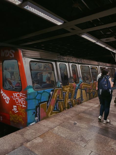 an old subway with colourful graffiti on it Vampire City, Subway Graffiti, Diaries Aesthetic, Basketball Diaries, Train Graffiti, Boom Bap, Underground Cities, Orange Line, Graffiti Drawing