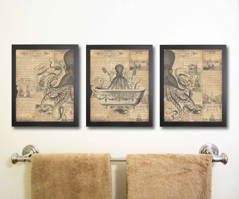 Octopus Bathroom Decor, Ocean Themed Bathroom Decor, Octopus Bathroom, Ocean Themed Bathroom, Vintage Nautical Decor, Octopus Decor, Sailboat Decor, Vintage Bathtub, Octopus Squid