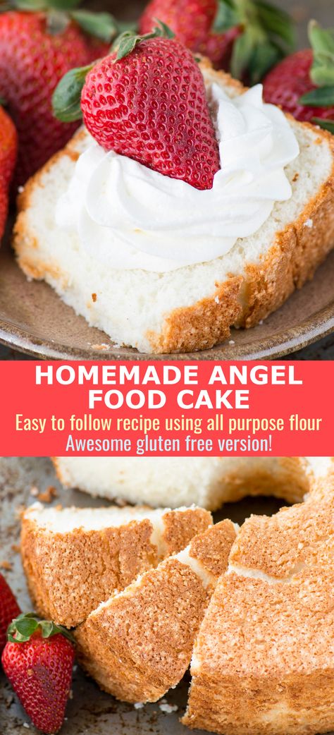 100% homemade angel food cake! This is the recipe that everyone will ask you for! This recipe shows you how to use all purpose flour instead of cake flour, and you can easily make it gluten free! We have awesome results making this gluten free. #angelfoodcake #glutenfreeangelfoodcake Homemade Angel Food Cake Recipes, Sugar Free Angel Food Cake Recipe, Homemade Angel Food Cake, Gluten Free Angel Food Cake, Gf Ideas, Cake Magic, Dessert Simple, Angel Cake, Gf Desserts