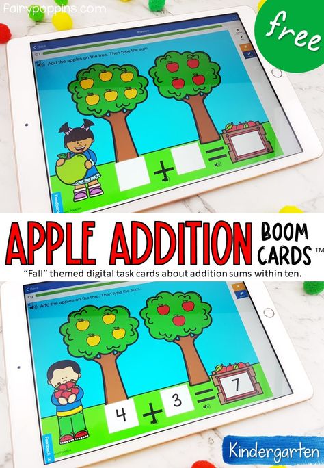 These FREE apple addition digital task cards help kids solve addition sums within ten by counting the apples on the trees. Great for Kindergarten math centers. This game may be relevant to some students in preschool or first grade too. #digitallearning #boomcards #additionboom cards #additionwithinten #kindergartenmath #boomlearning #kindergartenaddition #distancelearning #preschool #firstgrademath #homeschoolmath Apple Addition, Fairy Poppins, Task Cards Kindergarten, Kindergarten Math Centers, Addition Activities, Subtraction Activities, Math Operations, Preschool Centers, Fall Kindergarten