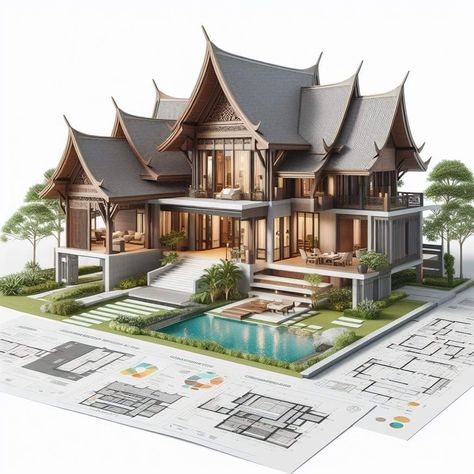 Thai House Design Traditional, Thai Houses Modern, Traditional Thai Architecture, Thai House Design Modern, Indonesian House Design, Thailand House, Thai House Design, Luxury House Floor Plans, Thai Architecture