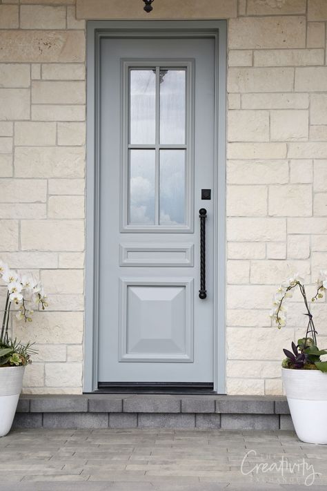 Door color is Benjamin Moore Boothbay Gray mixed with white limestone Benjamin Moore Boothbay Gray, Utah Parade Of Homes, Boothbay Gray, Exterior Door Colors, Blue Wall Colors, Choosing Paint, Garage Door Design, Paint Color Inspiration, Perfect Paint Color