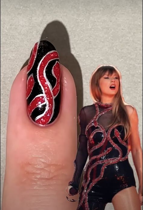 Reputation Taylor Swift Nail Art, Red Eras Tour Nails, Taylor Swift Nails Rep, Reputation Taylor Nails, Red Era Nails Taylor Swift, Taylor Reputation Nails, Red Summer Acrylic Nails, Eras Tour Nails Reputation, Reputation Era Nails