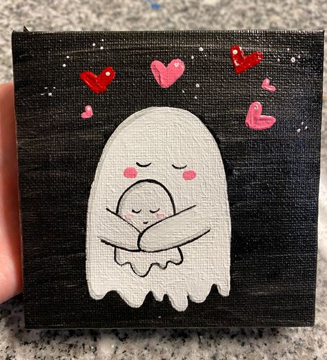 Ghost love, mini canvas painting. Hand drawn and painted on 4x4 canvas. Mini easel is included with painting. Each painting is made to order and may vary slightly. Sprayed with a glossy sealant. 4 Canvas Paintings, Ghost Love, Halloween Canvas Paintings, Halloween Canvas Art, Worli Painting, Sunset Canvas Painting, Mini Easel, Canvas Art Quotes, Canvas Drawing