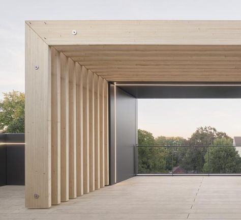 Roof terrace with decking boards and roofing in Accoya Bench Around Trees, Timber Frame Extension, Oak Cladding, Reclaimed Wood Ceiling, Wooden Garden Gate, Bamboo Decking, Building Extension, Decking Boards, Acoustic Ceiling Panels