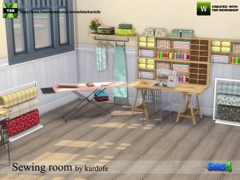 Set to decorate a sewing room, with sewing machine, table and chair and many decorative related to the theme  Found in TSR Category 'Sims 4 Decorative Sets' Living Room Drawers, Sims 4 Cc Kids Clothing, Sims Building, Sims 4 Characters, Sims Four, Sims4 Clothes, Sims 4 Cc Furniture, Sewing Rooms, Sims House