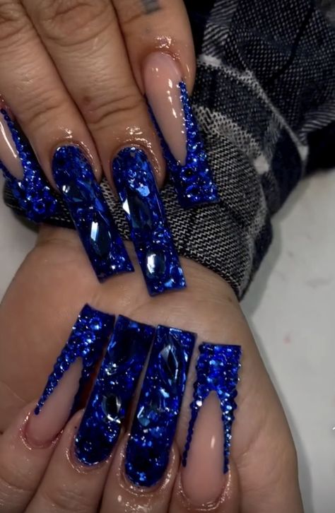 Royal Blue Extra Nails, Blue Bedazzled Nails, Blue Nails Dramatic, Royal Blue Gem Nails, Navy Blue Bling Nails, Royal Blue And Black Nails For Prom, Navy Blue Nails With Rhinestones, Royal Blue Rhinestone Nails, Blue Jewel Nails