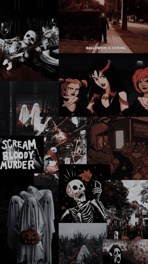 Cute Spooky Backgrounds, October Aesthetic Spooky Wallpaper, Halloween Phone Wallpaper Aesthetic, Scary Halloween Wallpaper, Halloween Lockscreen Aesthetic, Wallpaper Iphone Widget, Halloween Collage Wallpaper, Dark Fall Aesthetic, Horror Wallpaper Aesthetic