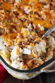 Turkey & Dressing Casserole | The Kitchen is My Playground Turkey Dressing Casserole, Turkey Stuffing Casserole, Thanksgiving Casseroles, Turkey Casserole Recipes Leftover, Dressing Casserole, Ham And Noodle Casserole, Bacon Alfredo, The Kitchen Is My Playground, Alfredo Casserole