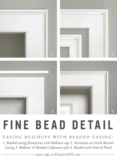 Variations of beaded casing buildups; Smooth casings accented by a fine bead and detail moldings. More info & a variety of primed wood ideas at WindsorONE.com. Mitered Door Casing, Trim And Casing Ideas, Window And Door Casing Ideas, Modern Door Trim Ideas Moldings, Trim Styles Baseboard, Colonial Casing Trim, Beaded And Bullnose Trim, Types Of Door Trim, Contemporary Moldings And Trim