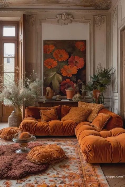 70s Entertainment Center, 1970s Contemporary House, 70s Living Room, Orange Couch, Gorgeous Homes, Tangerine Dream, 70s Decor, House Aesthetic, Dream Furniture